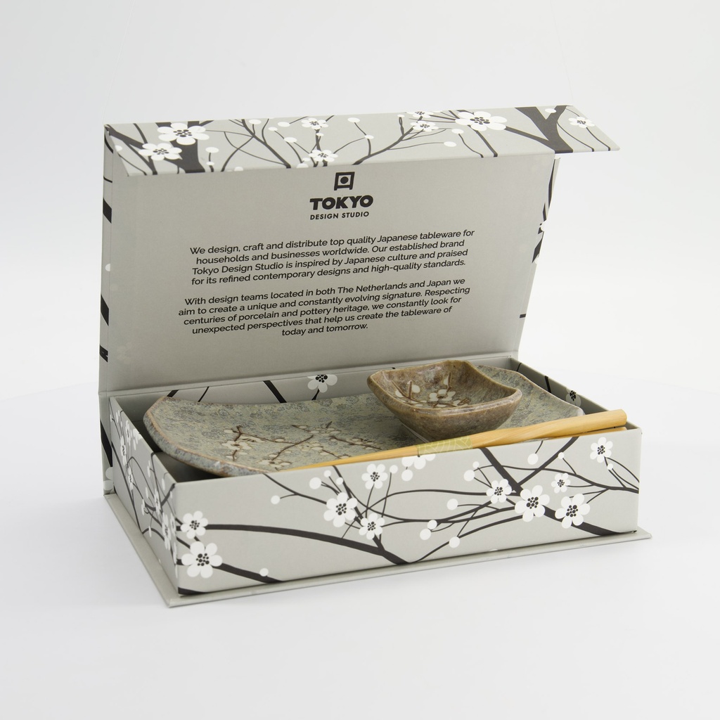 Grey Soshun Sushi Giftset 3pcs 22x14.5x2.3cm + 8.8x6.5x2.8cm w/Chopst 11C 22030 1/6